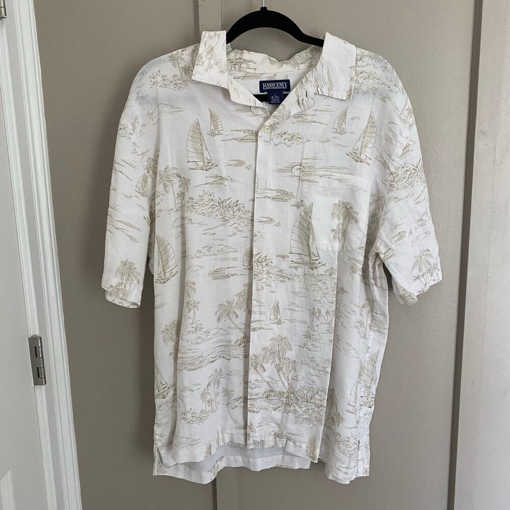 Vintage 80s Land’s End linen Hawaiian Shirt  Hong Kong LG 16-16.5
